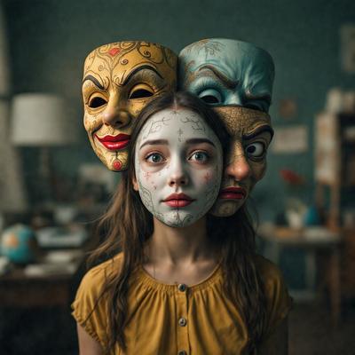 The primary subject of the image is a young woman wearing three different masks on her face. The masks are placed in a way that they appear to be on her forehead, with one on the left, one in the middle, and one on the right. The setting is a room with a dining table and a chair visible in the background. The visual style of the image is a combination of photo and digital art, creating a unique and intriguing scene. The colors and mood of the image are predominantly dark